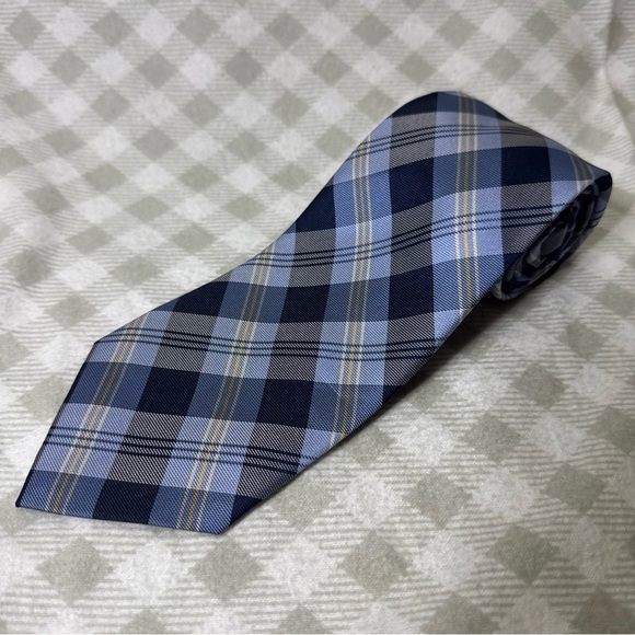 Tommy Hilfiger Necktie Blue Gold Plaid 100% Silk Men's Tie EUC - Picture 1 of 6